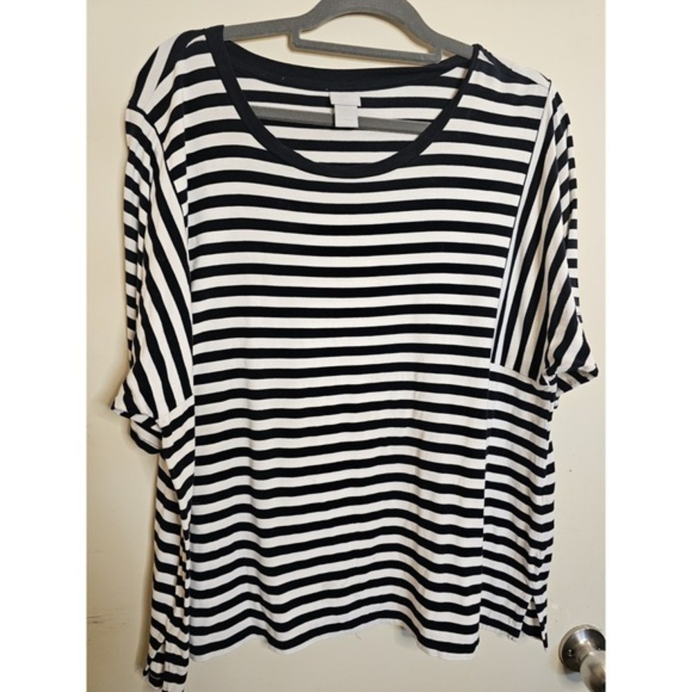 Chico's Women sz 4 Navy White Stripe Stretch Tee Short Sleeve Boat Neck Nautical